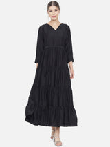 Black Embroidered Muslin Flared Maxi Dress With Belt