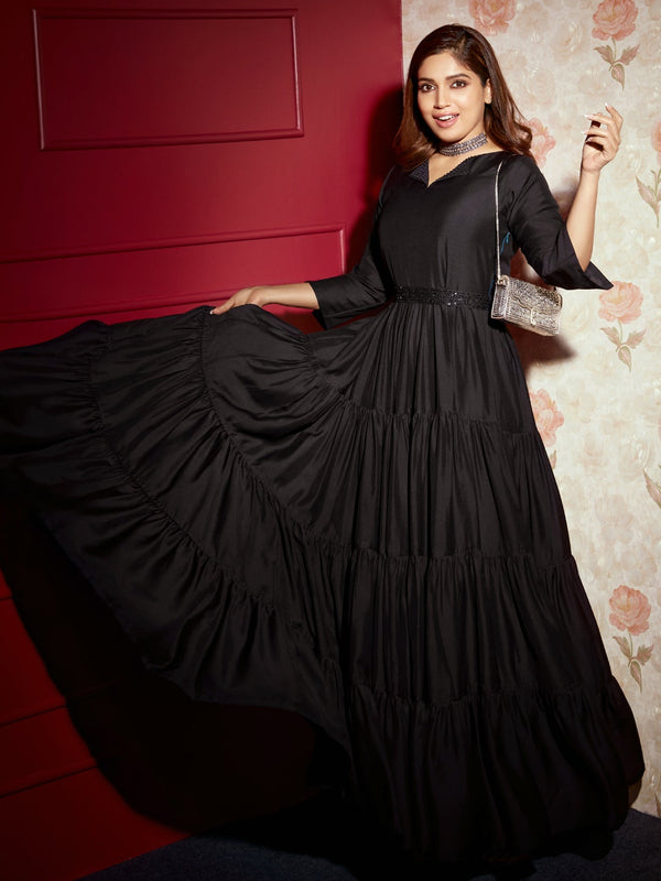 Black Embroidered Muslin Flared Maxi Dress With Belt Plus Size