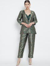 Dark Green Jacquard Banarasi Brocade A-Line Blazer With Pant