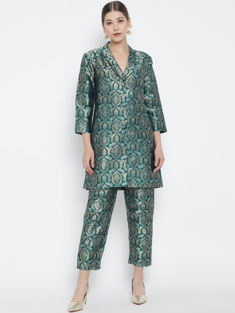 Turquoise Green Jacquard Banarasi Brocade A-Line Blazer With Pant