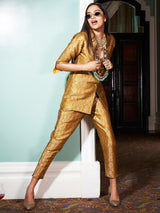 Golden Jacquard Banarasi Brocade Blazer With Pant