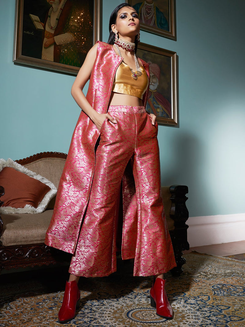 Buy Pink Brocade Chanderi Kurta with Pants Set of 2   VJ86MAR101KPREDVJ86MAR  The loom