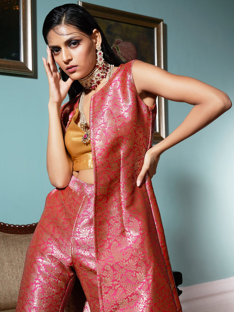 Pink Jacquard Banarasi Brocade A-Line Jacket With Pant