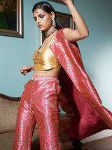 Pink Jacquard Banarasi Brocade A-Line Jacket With Pant