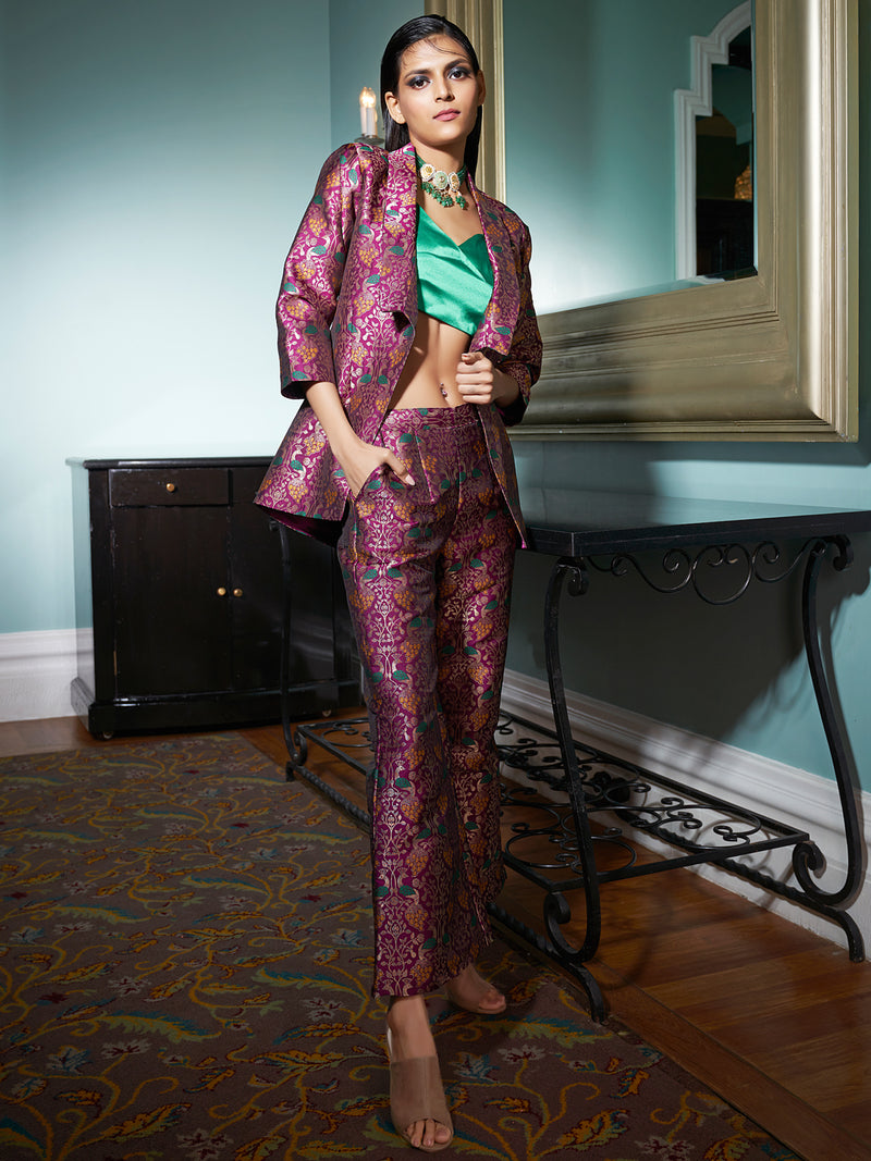 Dark Purple Jacquard Brocade Blazer Pant Set