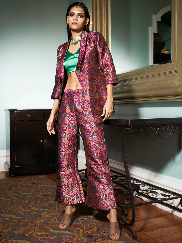Purple jacquard brocade blazer pant set