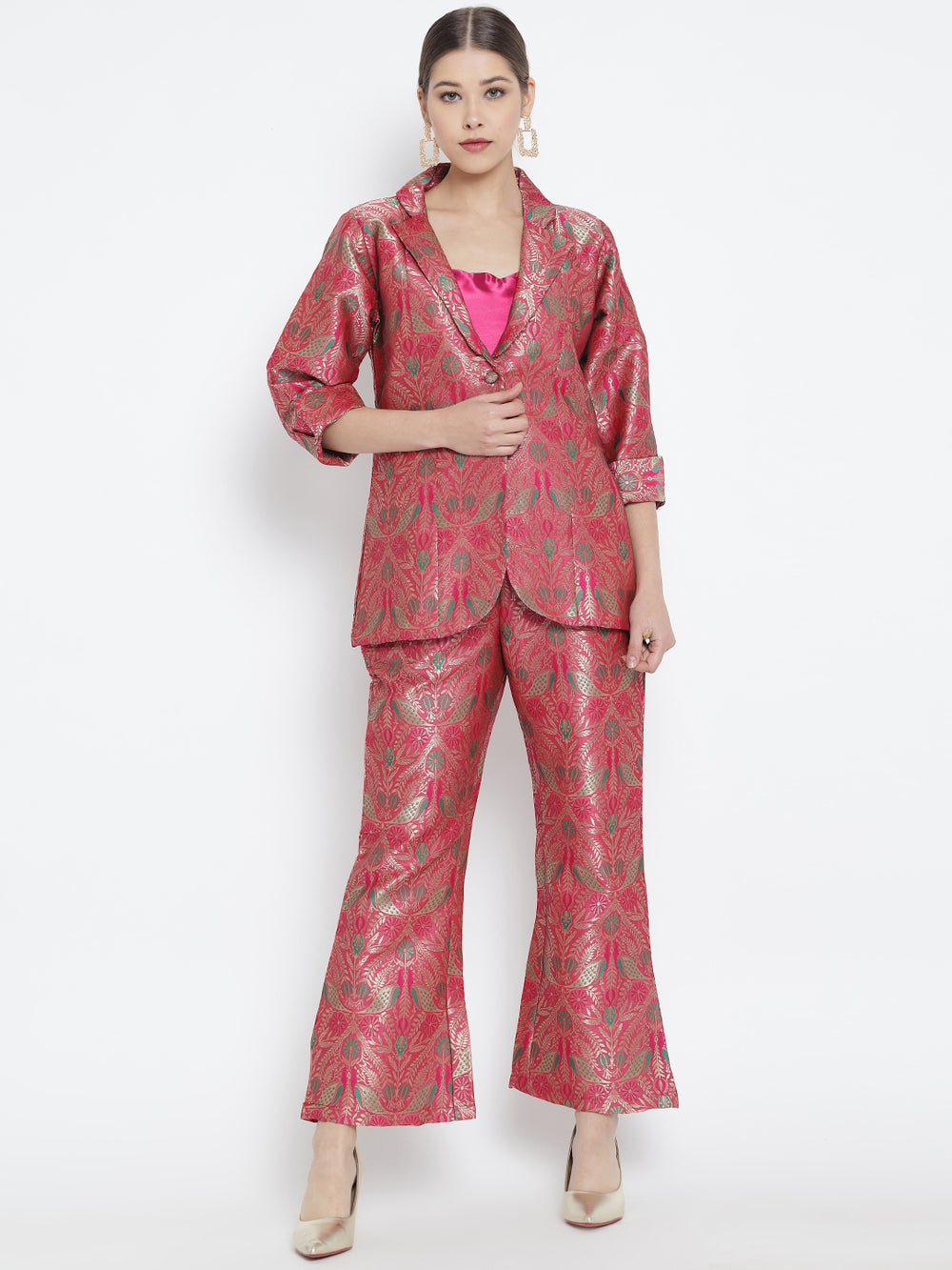 Dark Peach Jacquard Banarasi Brocade A-Line Blazer With Pant Dark Peach Jacquard Banarasi Brocade A-Line Blazer With Pant