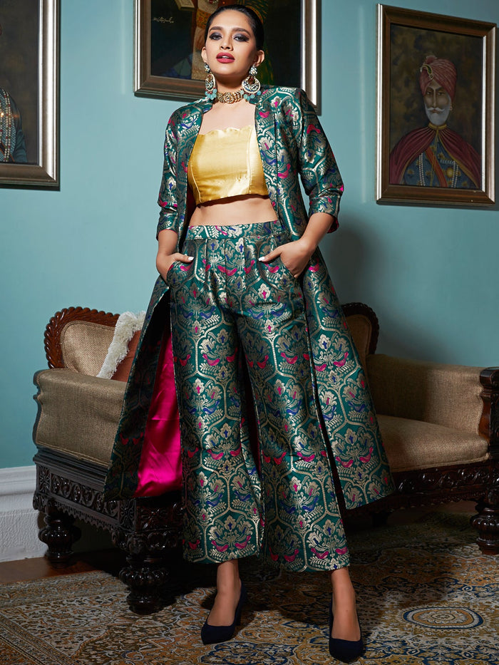 green jacquard Banarasi brocade blazer set