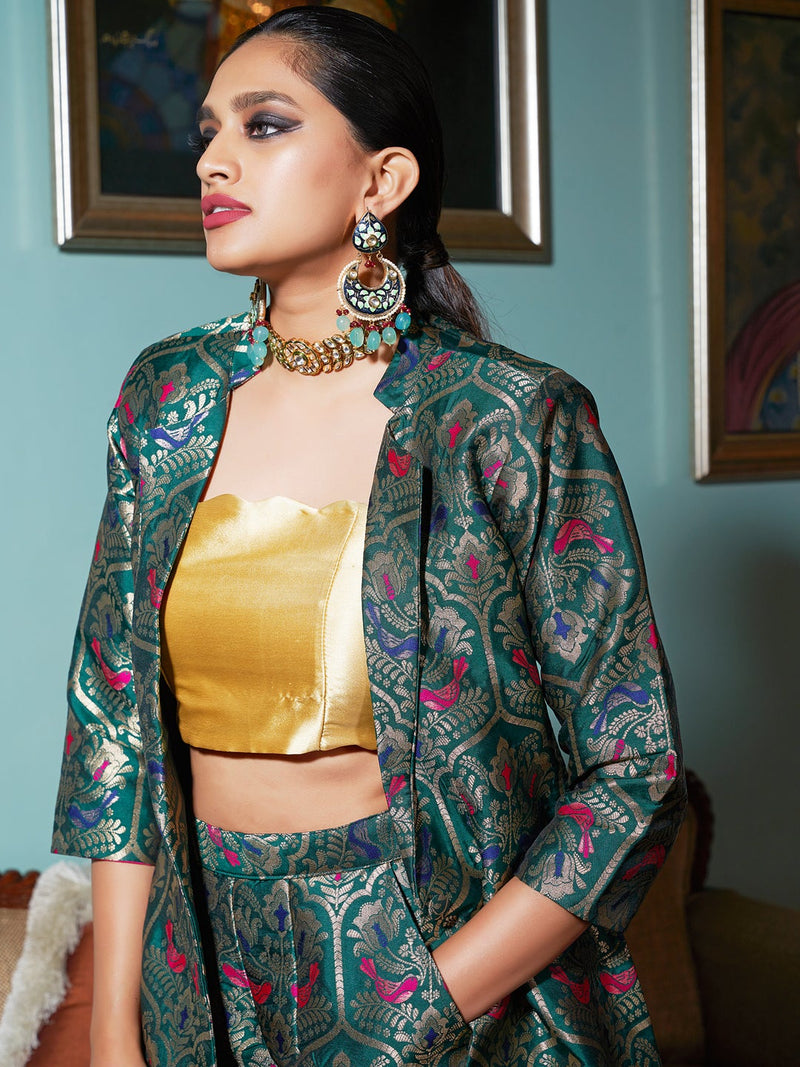 Green Jacquard Banarasi Brocade Straight Jacket With Pant-102440