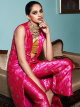 Bright Pink Jacquard Banarasi Brocade Straight Jacket With Pant