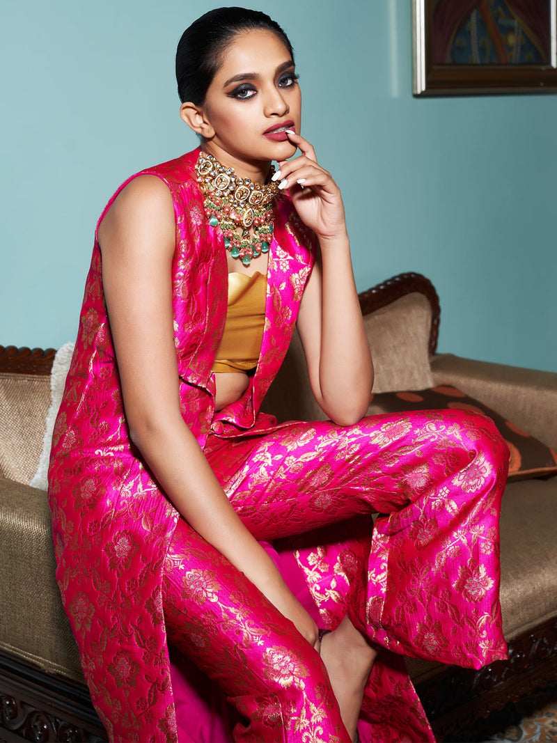 Bright Pink Jacquard Banarasi Brocade Straight Jacket With Pant