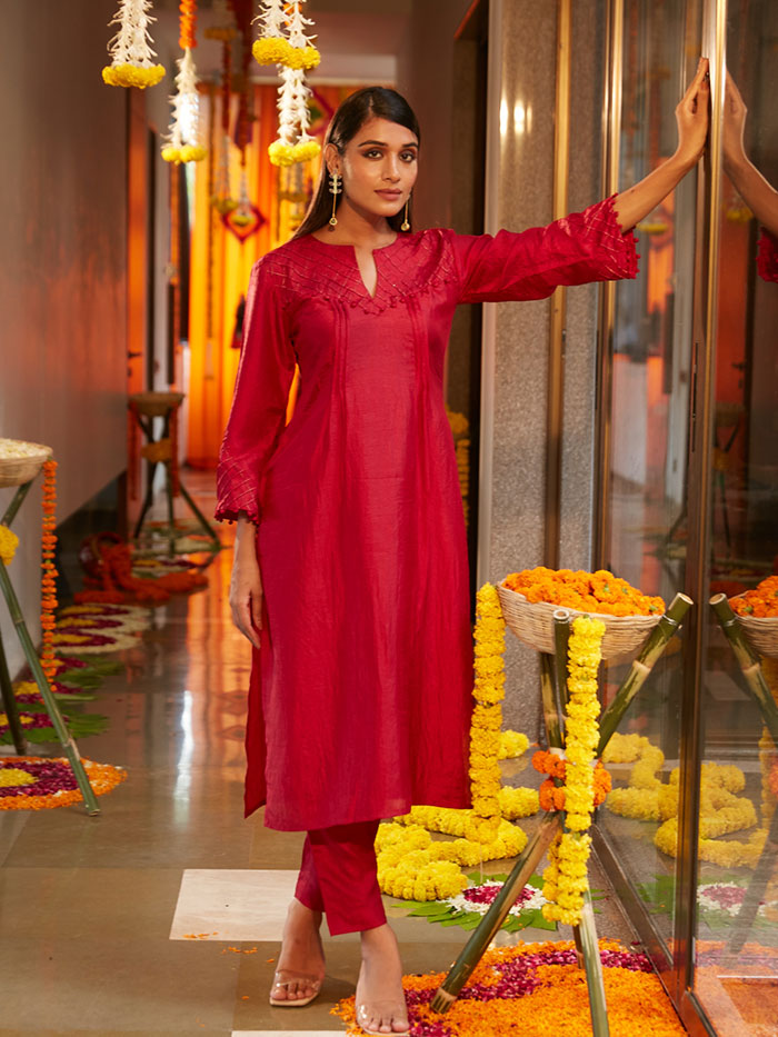 red silk kurta pant set