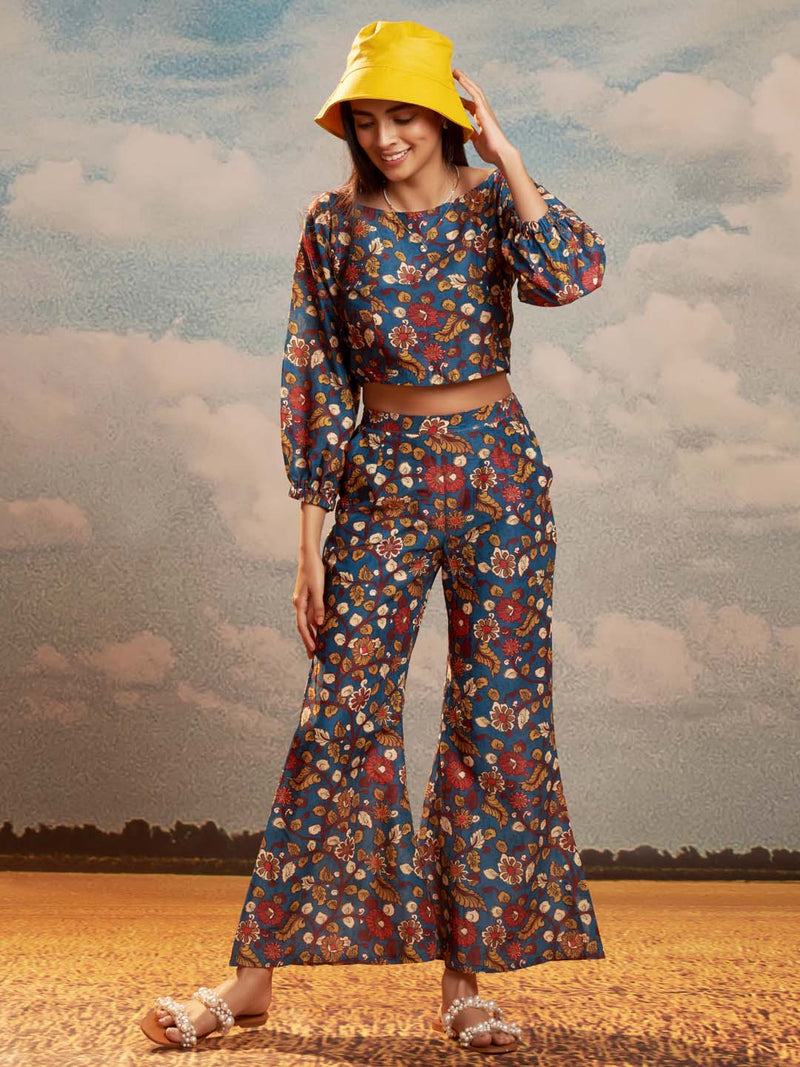 multi-colored floral print crop top and flared pant co-ord set