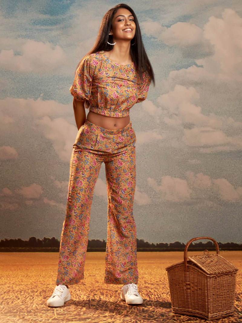 Mustard Floral Crop Top & Straight Pant Co-ord