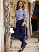 Blue and Navy Abstract Viscose Blend Straight Crop Top With Pant