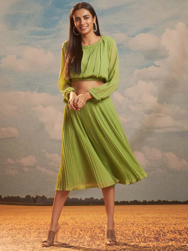 Green Solid Faux Georgette Straight Crop Top With A-Line Skirt