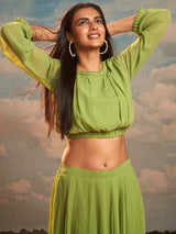 Green Solid Faux Georgette Straight Crop Top With A-Line Skirt