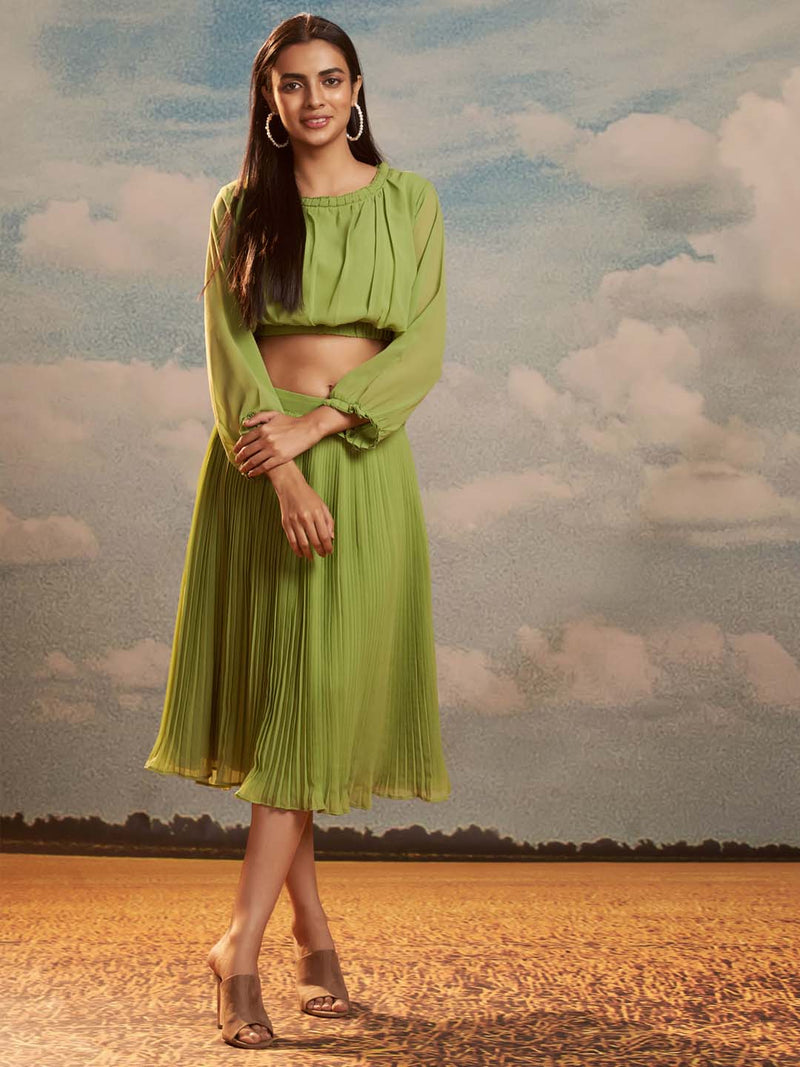 green solid faux georgette straight co ords set