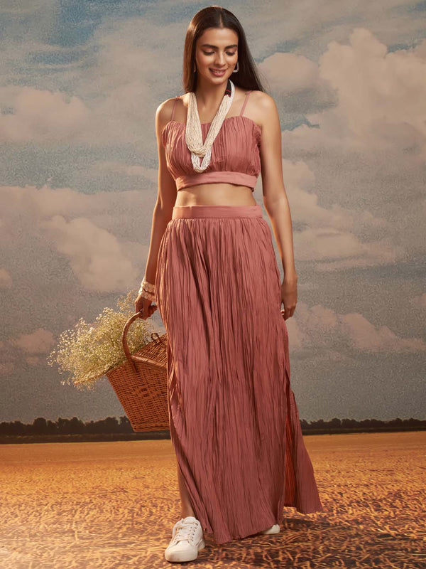 Rusty Pink Crop Top and Straight Cut Skirt With Side Slit