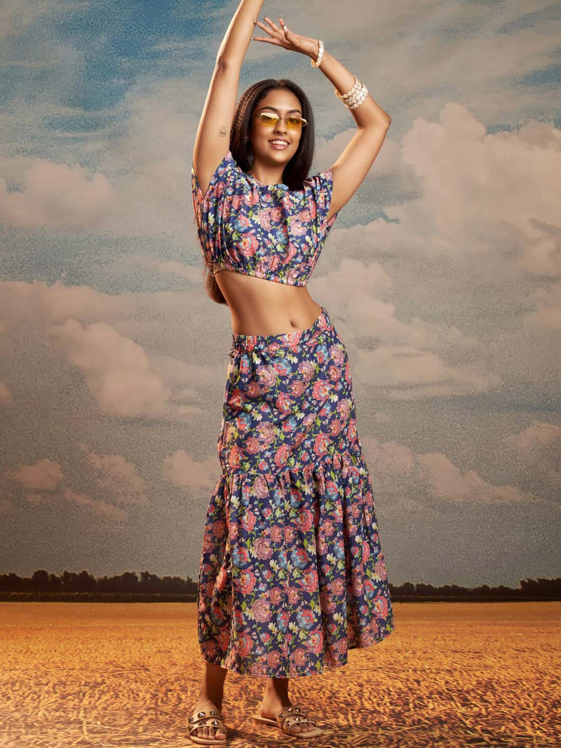 multicolor floral print muslin straight co ords set