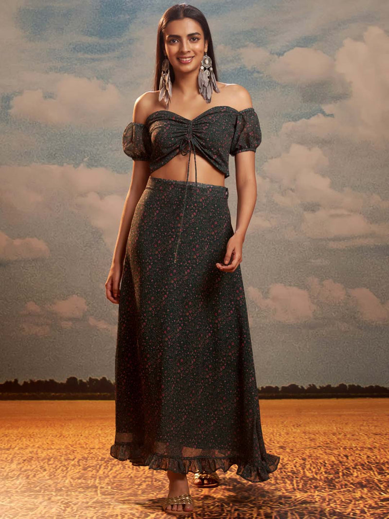 Dark green floral print weightless georgette straight crop top with skirt