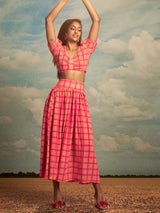 Orange and Pink Checks Print Weightless Georgette Straight Co-Ords Set