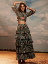 Dark Green Floral Print Musline Straight Crop Top With Flared Skirt