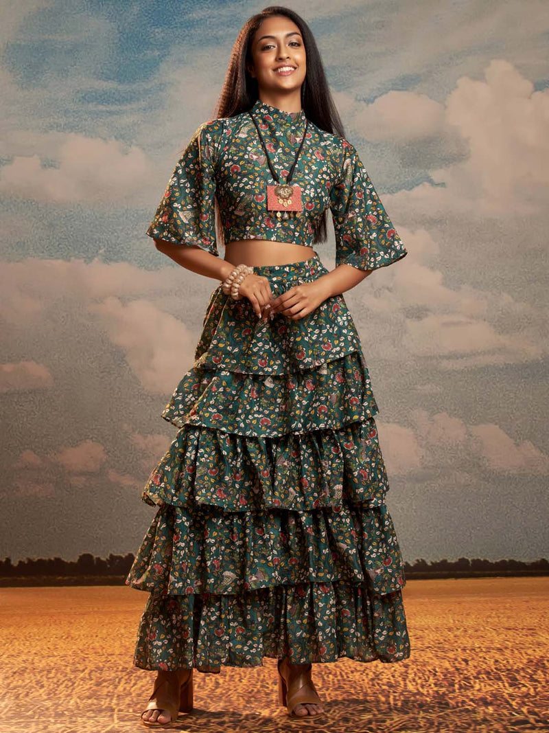 dark green floral print pleated top and matching skirt