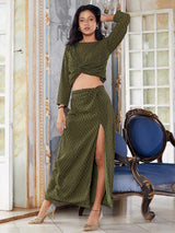 Dark Green Shifli Work Georgette Straight Crop Top With A-Line Skirt Co-Ord Set With Skirt