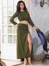 Dark Green Shifli Work Georgette Straight Crop Top With A-Line Skirt Co-Ord Set With Skirt