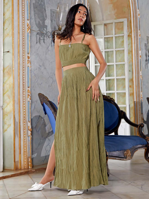 Olive Solid Silk Blend Straight Crop Top With Flared Skirt