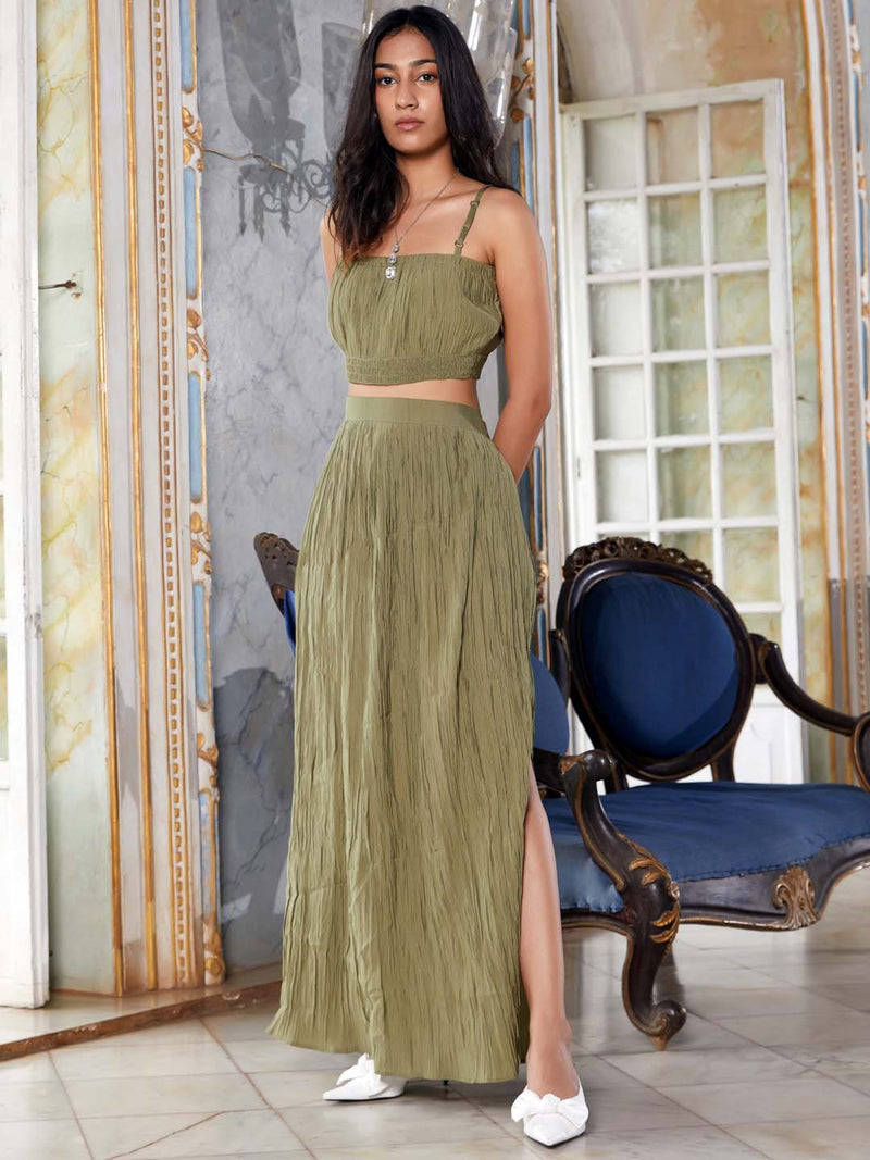 olive crop top with flared skirt