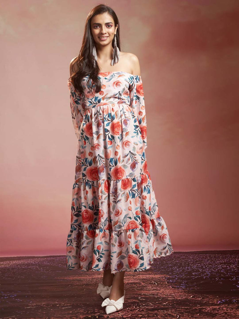 Multicolor Floral Print Muslin Flared Maxi Dress