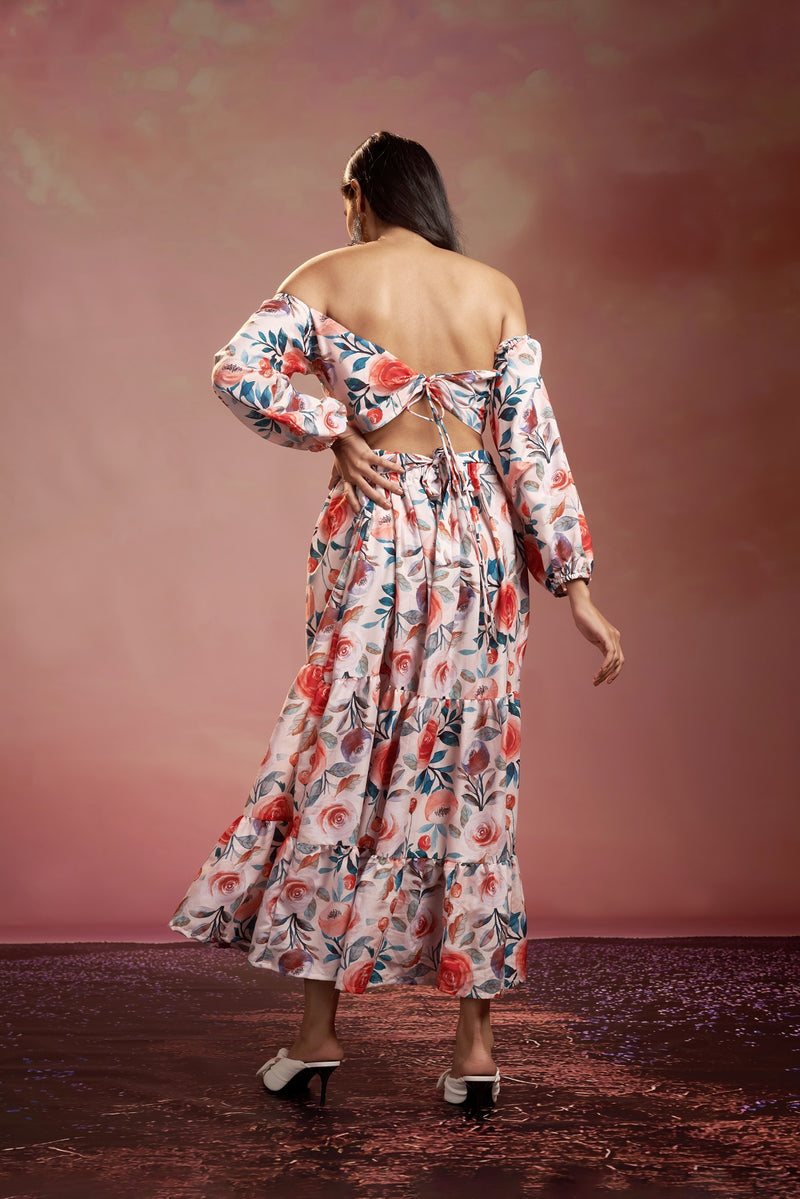 Multicolor Floral Print Muslin Flared Maxi Dress-MAX104