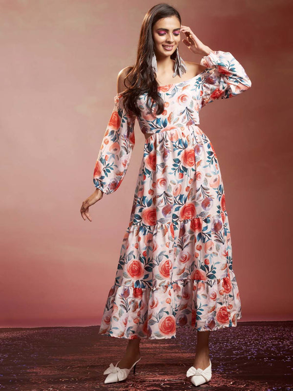 Floral Print V-Neck Maxi Fit and Flare Dress
