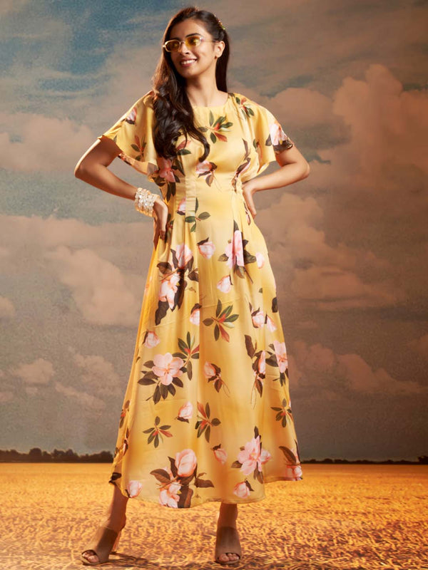 Yellow Floral Print Modal Satin A-Line Maxi Dress