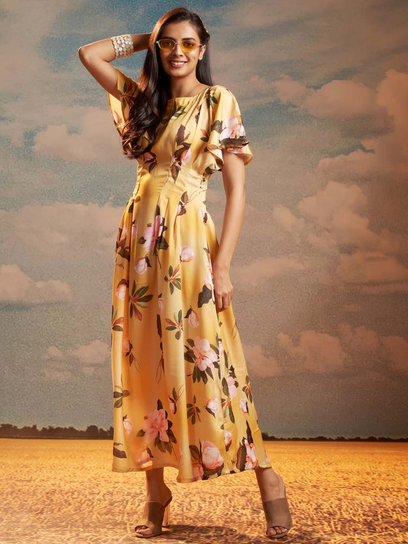Yellow Floral Print Modal Satin A-Line Maxi Dress-MAX105
