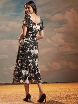Black Floral Print Georgette Flared With A-Line Midi Dress