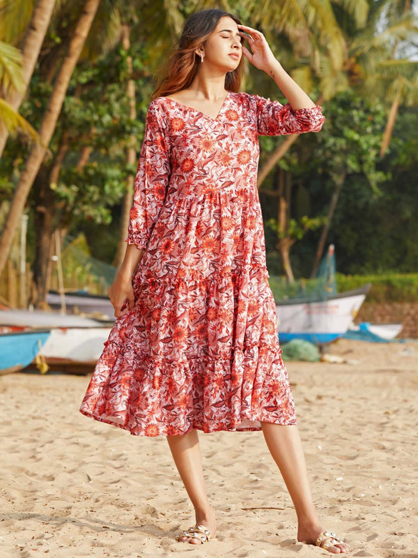  Orange Floral Printed Cotton Flared Midi Dress