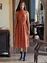 Rust Floral Print Bubble Georgette A-Line Midi Dress