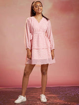 Light Pink Floral Print Georgette Flared Mini Dress