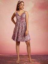 Grey and Pink Animal Print Poly Viscose A-Line Mini Dress