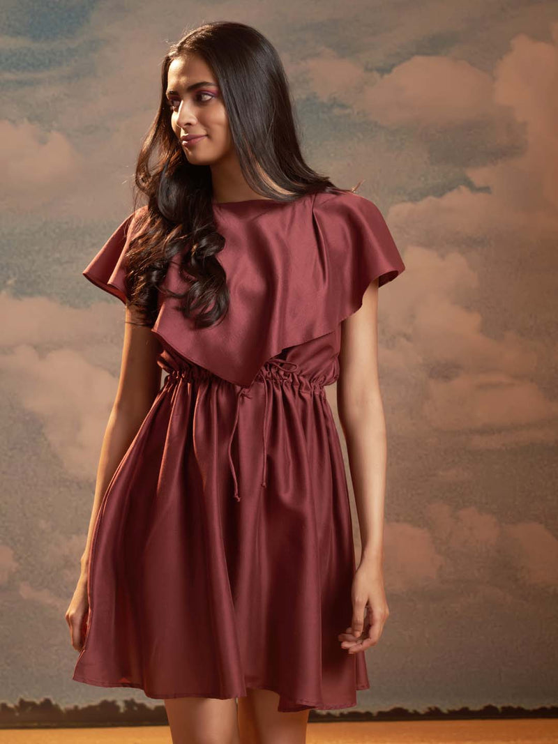 Maroon Solid Silk Blend Flared Mini Dress