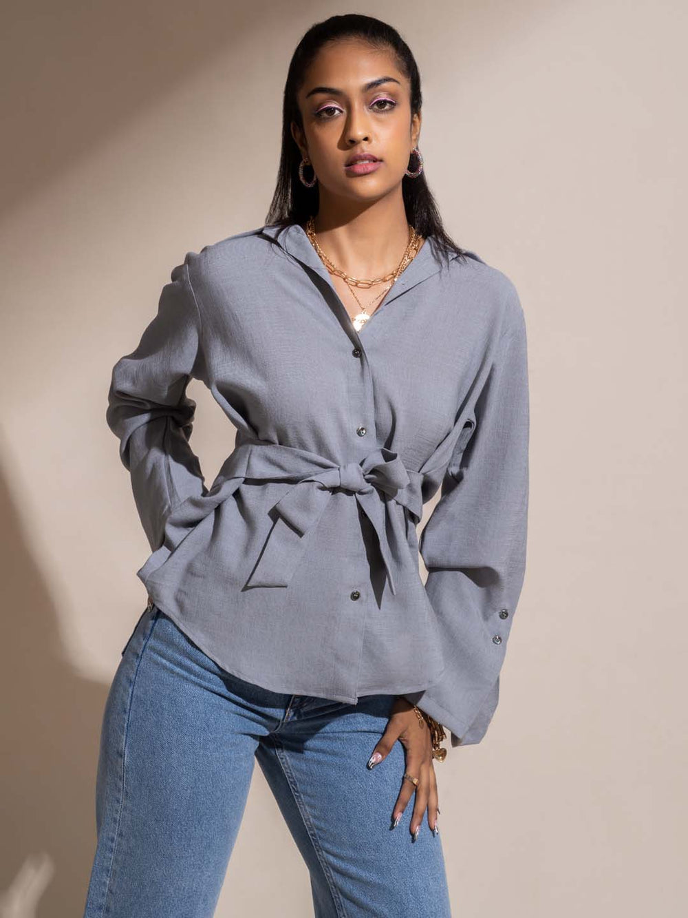 light grey solid poly viscose straight shirt