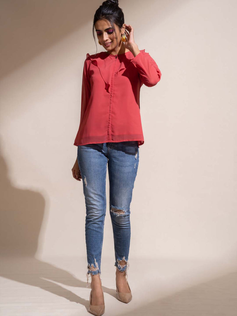 Dusty Red Solid Georgette Straight Top