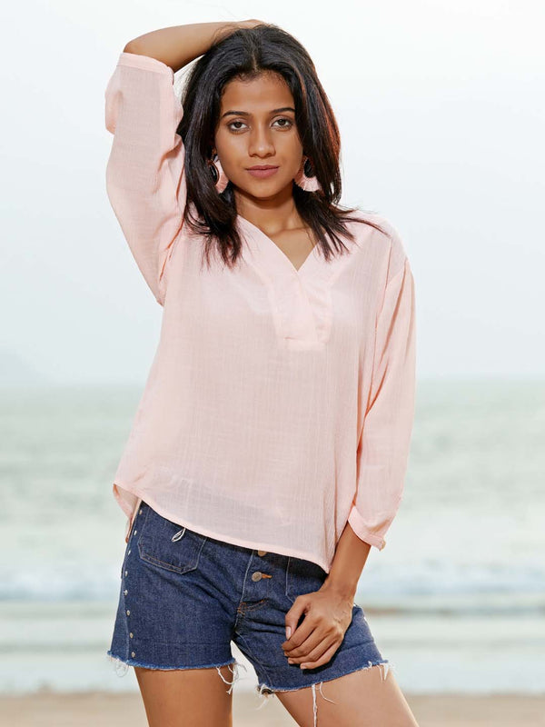 Peach Solid Poly Viscose Straight Top