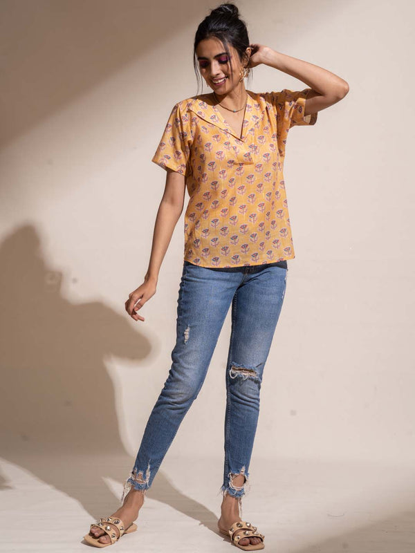 Mustard Floral Print Cotton Blend Straight Top