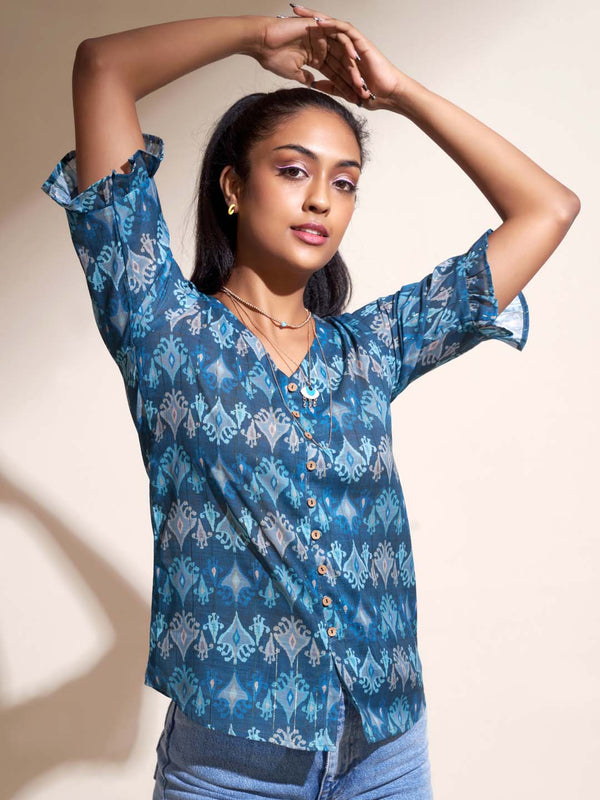 Teal Abstract Print Cotton Blend Straight Top