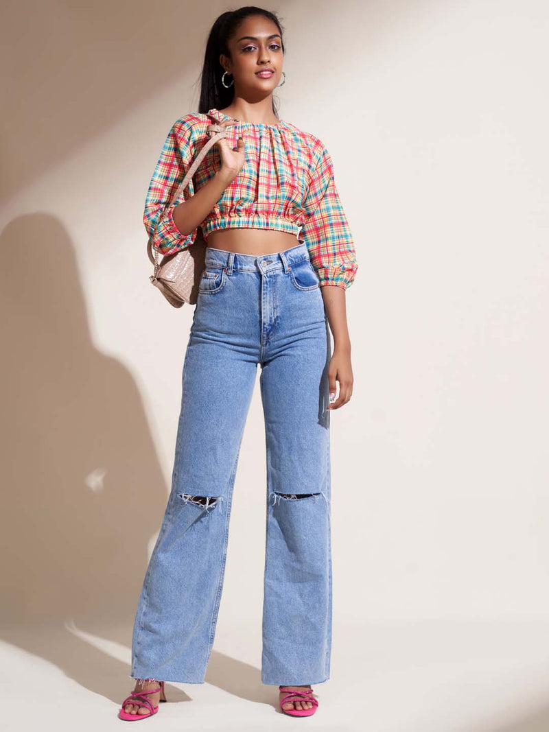 print musline straight top with jeans