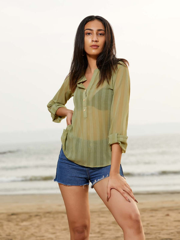 Olive Solid Georgette Straight Top